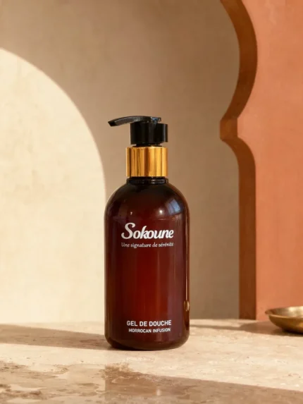 Gel douche Morrocan Infusion Sokoune, flacon pompe ambré 250 ml, parfum thé vert et fleur d'oranger