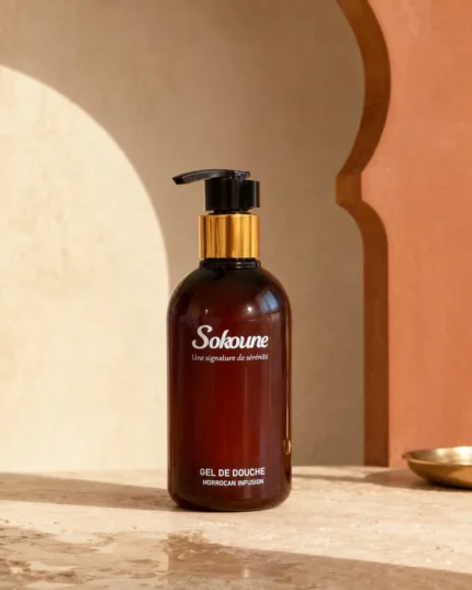 Gel douche Morrocan Infusion Sokoune, flacon pompe ambré 250 ml, parfum thé vert et fleur d'oranger