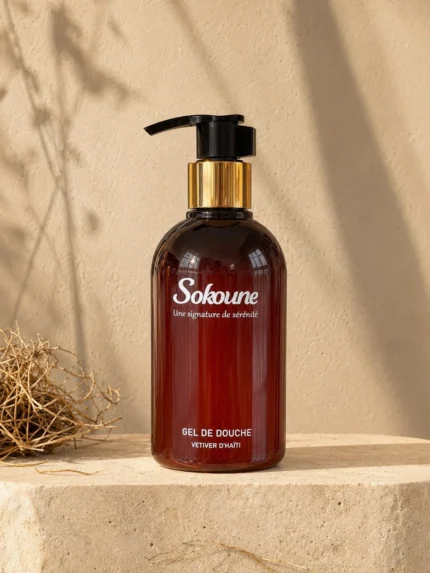 Gel douche Sokoune Vétiver d’Haïti, flacon pompe ambré 250 ml posé sur une pierre beige