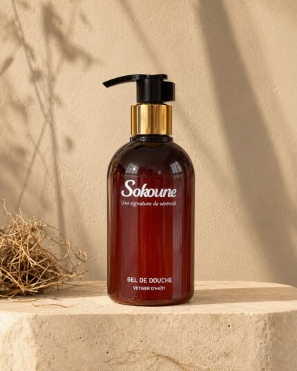 Gel douche Sokoune Vétiver d’Haïti, flacon pompe ambré 250 ml posé sur une pierre beige