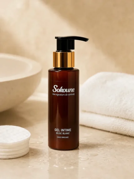 Gel intime sans rinçage Sokoune au musc blanc, flacon pompe 120 ml