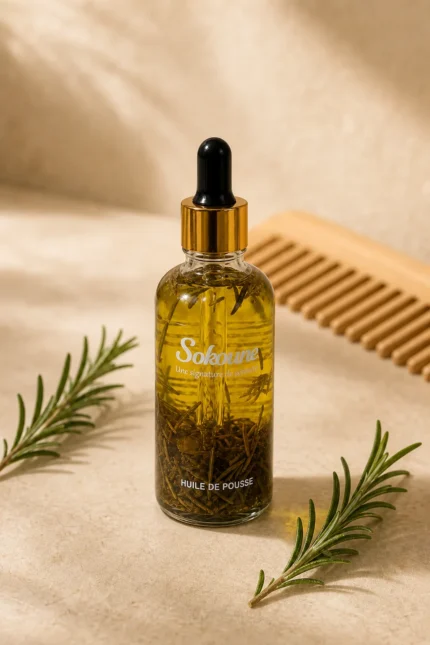 Huile de pousse cheveux au romarin Sokoune avec peigne en bois, soin capillaire naturel