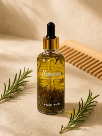 Huile de pousse cheveux au romarin Sokoune avec branches de romarin