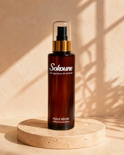 Huile sèche corps et cheveux Sokoune, flacon spray ambré 200 ml sur socle en travertin
