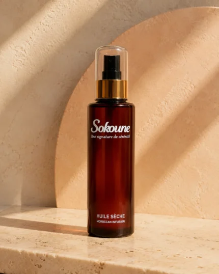 Flacon d'huile sèche Sokoune à l'huile d'argan, lumière chaude et ombres de feuillage