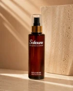Huile sèche Sokoune Moroccan Infusion, flacon ambré posé près d'une pierre de travertin
