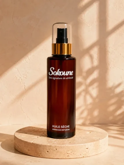 Huile sèche corps et cheveux Sokoune, flacon spray ambré 200 ml sur socle en travertin