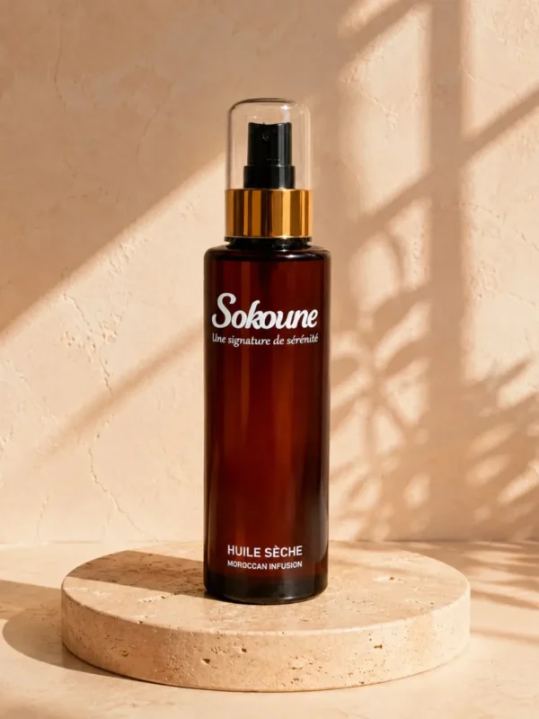 Huile sèche corps et cheveux Sokoune, flacon spray ambré 200 ml sur socle en travertin